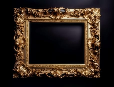 Antique gold frame with empty center in boroch style on black background. mockup frame. Generative AI content,