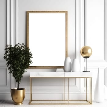 white frame mockup on marble table. Expensive interior. Modern ceramic vase with flowers and figurine. White wall background. copy and paste the white background for the poster. Generative AI content,