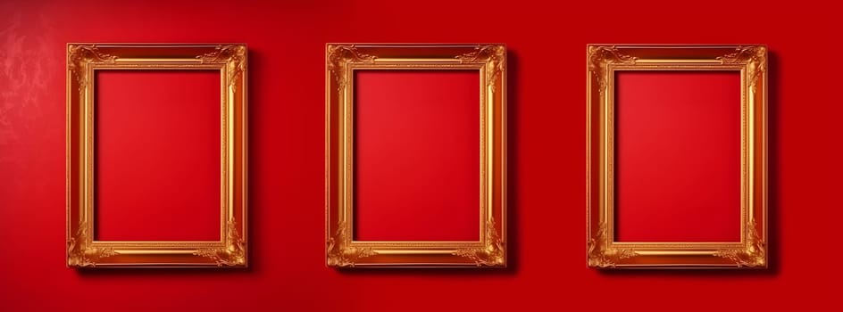 Banner, three gold vintage frames in borocco style, with empty space inside on a red velvet background. copy paste space.