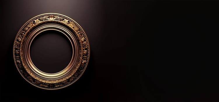 Stretched banner. Round gold frame on a black background. isolated object. Vintage style. Generative AI content,