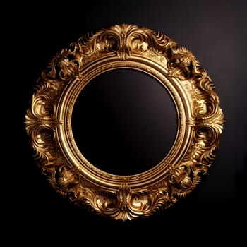 Round gold frame on a black background. isolated object. Vintage style. Generative AI content,