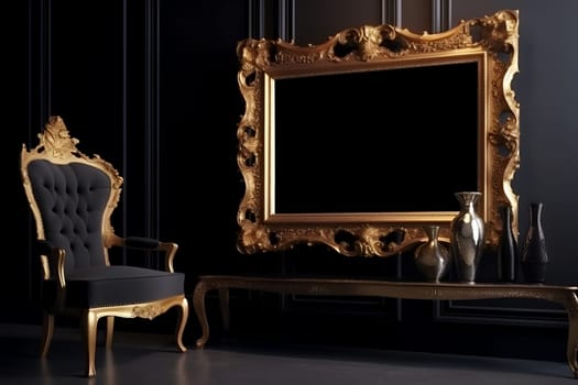Dark baroque interior with golden blank frame on the wall. Gold frame mockup with empty center on the wall. Soft black armchairs. Expensive interior with golden vases. Generative AI content,