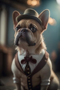 A cute French bulldog in a felt bowler hat in a brown cardigan and bow tie, sitting indoors in the evening. Vertical. Ai generative.