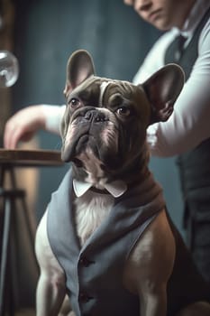 A stylish French bulldog in a grey vest sits on a chair indoors, a male silhouette in a suit behind. Vertical. Ai generative.