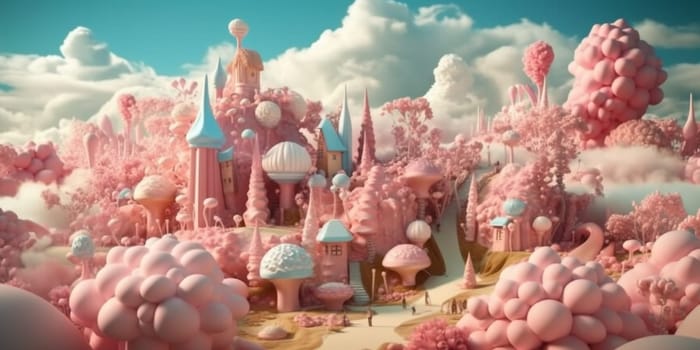 Sweet candy world fairy landscape, panorama. Sweets, candies, caramel. A magical planet where everything is made of candy. AI Generative.