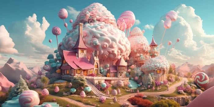 Sweet candy world fairy landscape, panorama. Sweets, candies, caramel. A magical planet where everything is made of candy. AI Generative.