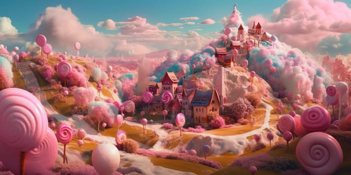 Sweet candy world fairy landscape, panorama. Sweets, candies, caramel. A magical planet where everything is made of candy. AI Generative.