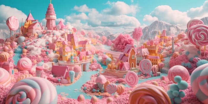 Sweet candy world fairy landscape, panorama. Sweets, candies, caramel. A magical planet where everything is made of candy. AI Generative.