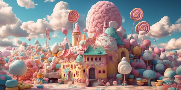 Sweet candy world fairy landscape, panorama. Sweets, candies, caramel. A magical planet where everything is made of candy. AI Generative.