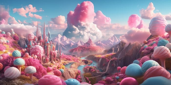 Sweet candy world fairy landscape, panorama. Sweets, candies, caramel. A magical planet where everything is made of candy. AI Generative.