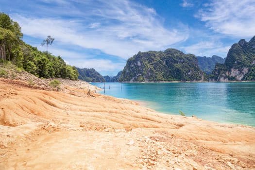 The mountains, forests, trees in the rainy season, Cheow Lan Dam or Ratchaprapha Dam Surat Thani Province, Thailand