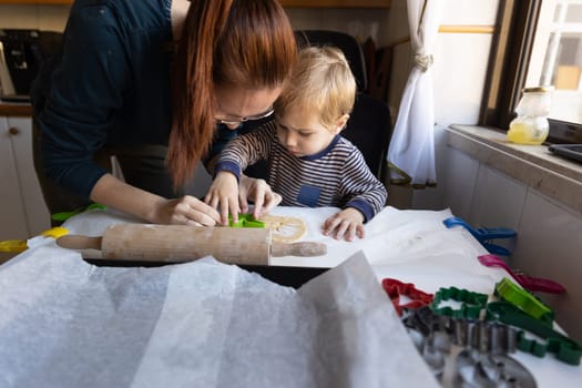 Family making cookies - a woman with her little son cutting dinosaurs out of raw dough with a mold. Mid shot