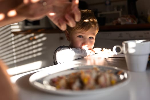 A little boy looking at food on the plate. Mid shot