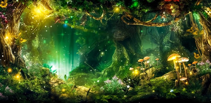 fairytale forest, banner with copy space, made with Generative AI.