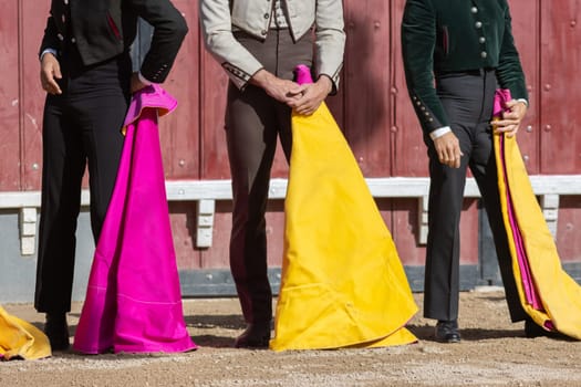 Tourada - bullfighters standing on the arena holding bright tags. Mid shot