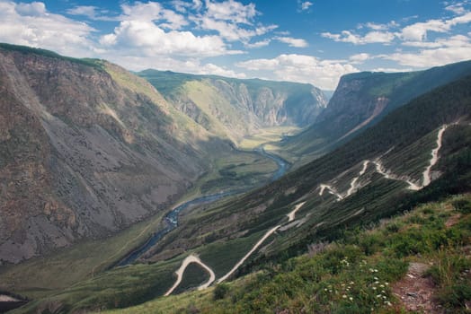 Panorama of the Katu Yaryk mountain pass and the valley of the river of Chulyshman. Altai Republic, Russia, beautiful summer day
