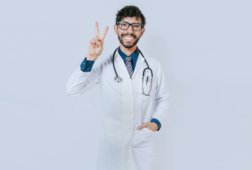 Happy doctor saluting with two fingers isolated, Smiling doctor making love and peace gesture isolated