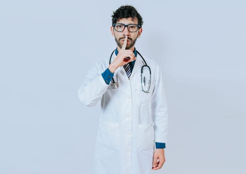 Doctor making silence gesture on isolated background. Young doctor silencing and looking at the camera.