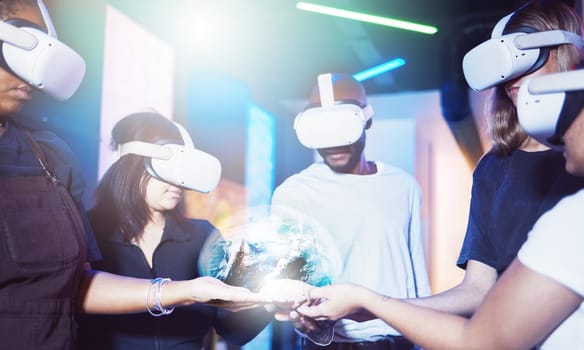 VR world, people and digital hologram of future metaverse, global networking or cyber planet innovation. Community group, virtual reality and media globe, ai fantasy gaming tech and futuristic vision.