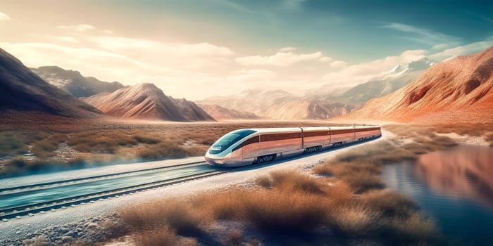 the modern high-speed train will pass through a beautiful picturesque landscape with mountains, banner, made with Generative AI.