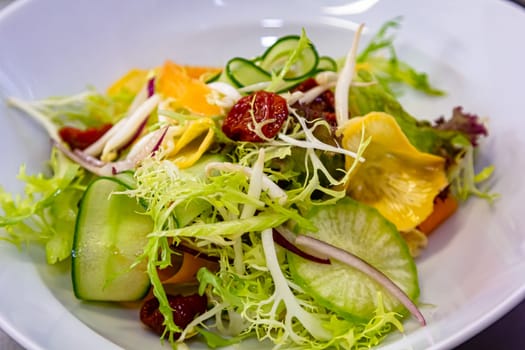 Sun dried tomatoes Salad with fresh vegetables mix and mozzarella cheese. healthy food