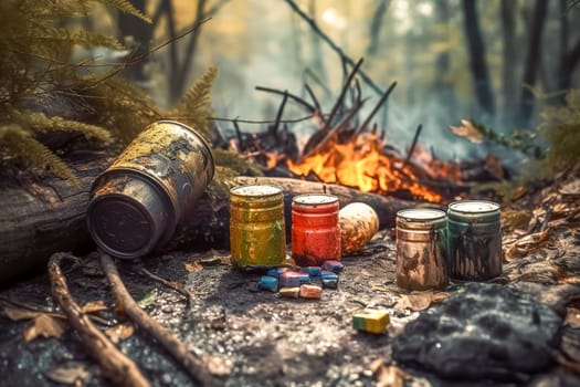 hazardous waste in nature, metal containers with chemical substances endanger the environment, made with Generative AI. High quality illustration