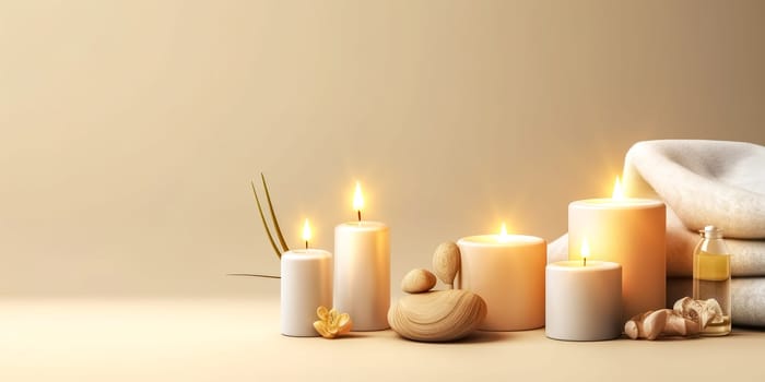 wellness and massage, candles, oil and towels, photorealistic banner with copy space, made with Generative AI. High quality illustration
