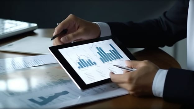 Financial businessmen analyze the graph of the company's performance to create profits and growth. Home finances, investment, economy, saving money or insurance concept. bookkeeper or financial inspector hands calculate making a report, calculating or checking balance. High quality image