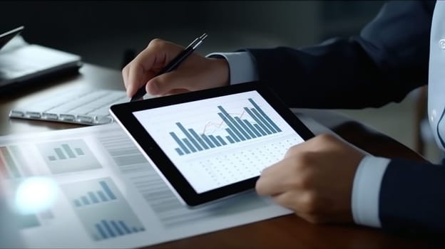 Financial businessmen analyze the graph of the company's performance to create profits and growth. Home finances, investment, economy, saving money or insurance concept. bookkeeper or financial inspector hands calculate making a report, calculating or checking balance. High quality image