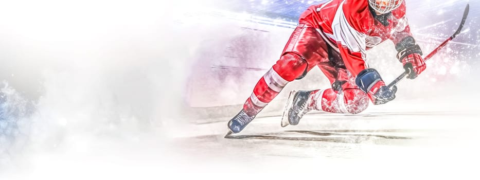 hockey player in action on the ice, banner with copy space, made with Generative AI. High quality illustration