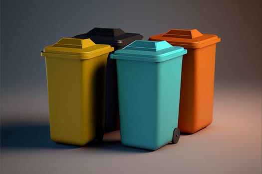 Yellow, blue, orange, black garbage cans for sorting garbage stand on a dark gray background. The concept of waste separation, waste sorting, waste disposal. Ai generative
