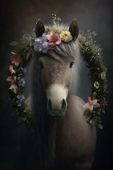 Adorable brown horse, in a floral wreath on his head, on a dark background. Ai generative. Copy space