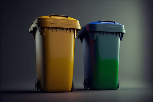 Yellow and green plastic garbage cans-containers for sorting garbage stand on a dark gray background. The concept of waste separation, waste sorting, waste disposal. Ai generative