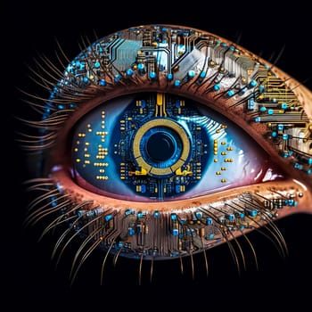 artificial intelligence vision, futuristic robot eye, modern technology, made with Generative AI. High quality illustration