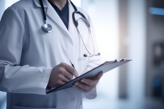 Male doctor using tablet computer in clinic, close-up. Perfect medical service in hospital. Medicine and healthcare concept. High quality photo