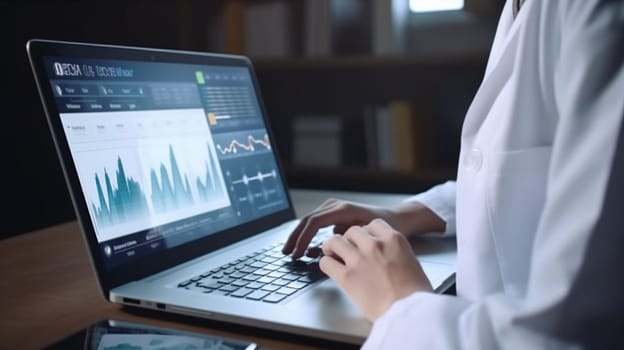 Male doctor using tablet computer in clinic, close-up. Perfect medical service in hospital. Medicine and healthcare concept. High quality photo