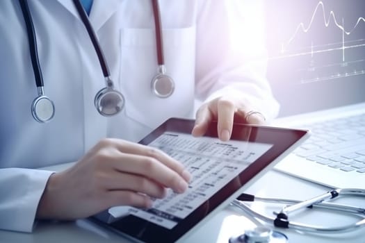 Male doctor using tablet computer in clinic, close-up. Perfect medical service in hospital. Medicine and healthcare concept. High quality photo