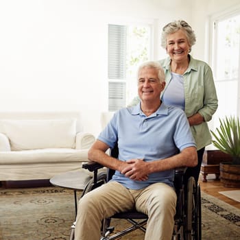 Wheelchair, smile and portrait of senior couple at home for marriage, disability care and helping on weekend. Retirement, health and happy elderly woman and man in house for relax, support and love.