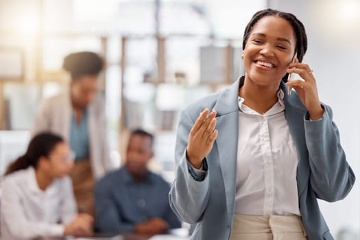 Phone call, communication and corporate with a business black woman in an office, talking while networking. Mobile, contact or thinking with a female employee speaking on a smartphone for negotiation.
