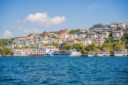 Muslim architecture and water transport in Turkey - Beautiful View touristic landmarks from sea voyage on Bosphorus.