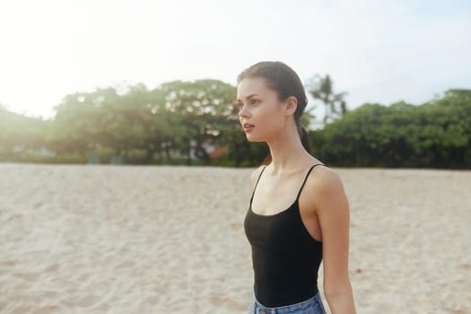 woman sunset summer lifestyle relax sea sand beauty walking smiling smile sunlight vacation ocean happy holiday sky female beach caucasian dress