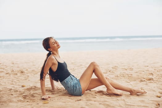 freedom woman sitting nature hair sand model natural sea summer tan alone smile view pretty white back beach long bali ocean vacation travel