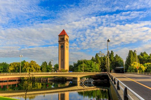 Spokane, Washington - August 6, 2014: Clock Tower in Riverfront park is one of the biggest in the Northwest.