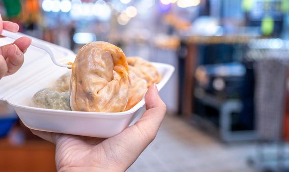 Delicious steamed round shaped dumplings in South Korea traditional market, special korean street food cuisine, close up, bokeh, copy space