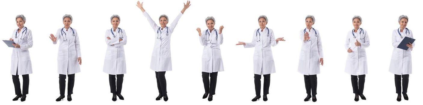 Set of asian medical doctor full length portraits doing different gestures isolated on white background