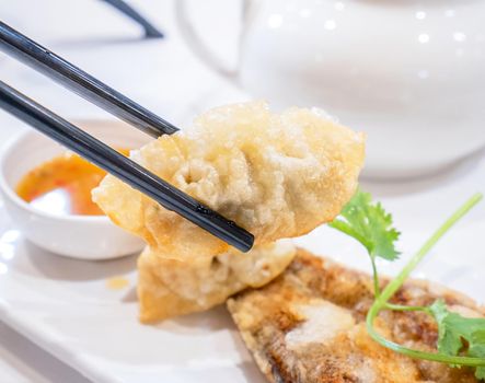 Delicious dim sum, famous cantonese food in asia - Fried fish and dumplings with lemon, sauce and tea in hong kong yumcha restaurant, close up