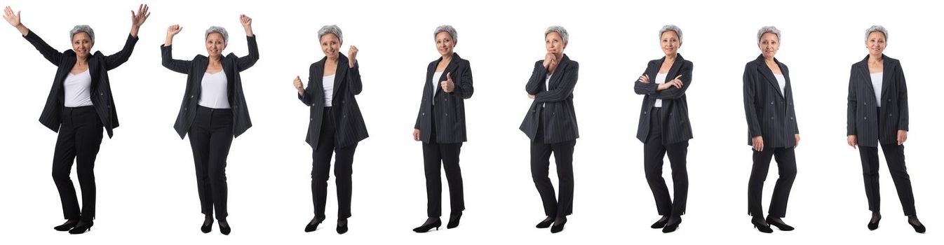 Set of mature asian business woman full length portraits doing different gestures isolated on white background