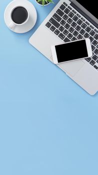 Business concept, relaxation in working time, drinking coffee taking a break on clean light blue office table, copy space, flat lay, top view, mockup