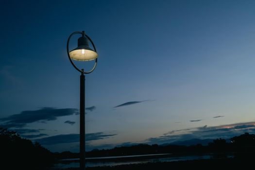 close up of street light and blue sky background