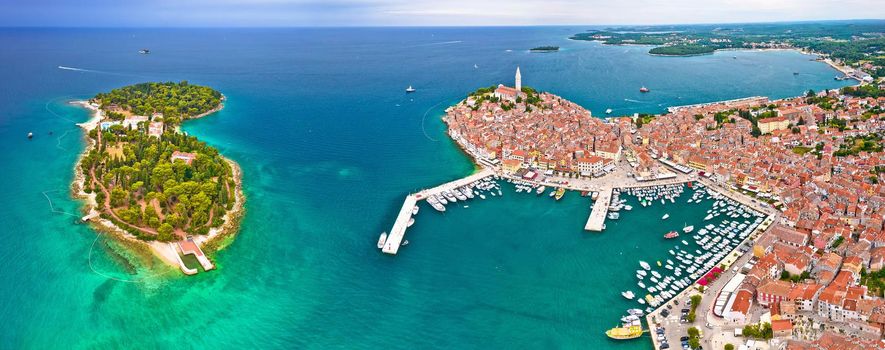 Town of Rovinj archipelago aerial panoramic view, Istria region of Croatia